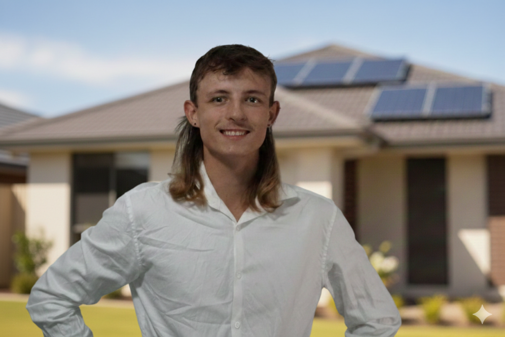 Shows a young presentable man standing in front of a residential house with solar panels on the roof
