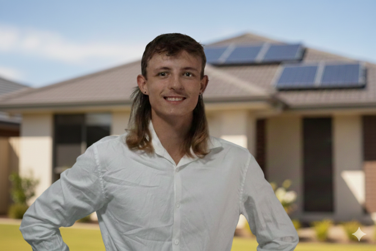 Shows a young presentable man standing in front of a residential house with solar panels on the roof